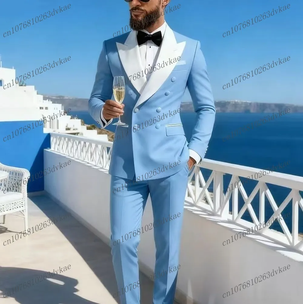 

Новый белый костюм с лацканами небесно-голубого цвета для мужчин: для бизнеса, свадьбы, выпускного, торжественных мероприятий, для жениха и шафера. Формальный смокинг, комплект из 2 предметов: пиджак и брюки.