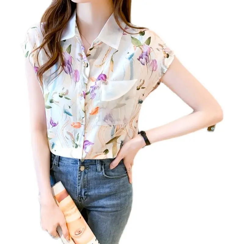 2023 New Summer Elegant Printing Pocket Turn-down Collar Short Sleeve Blouse Femme Fashion Patchwork Chiffon Shirts Women Clothe