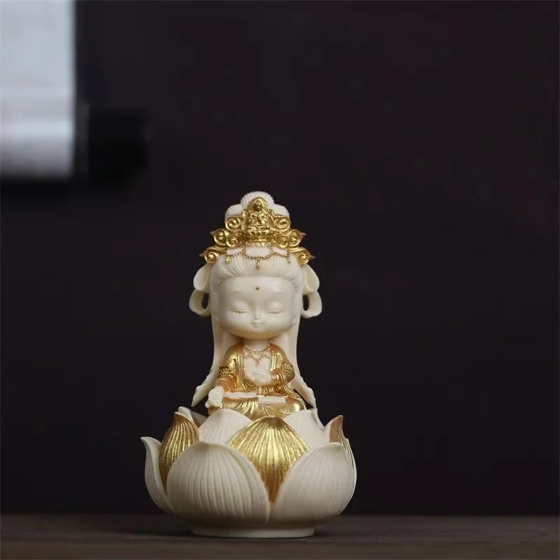 Cute Cartoon Guan Yin Statue, Small Ivory White Resin Goddess Figurine with Lotus Base, Feng Shui Zen Home Office Car DecorGifts
