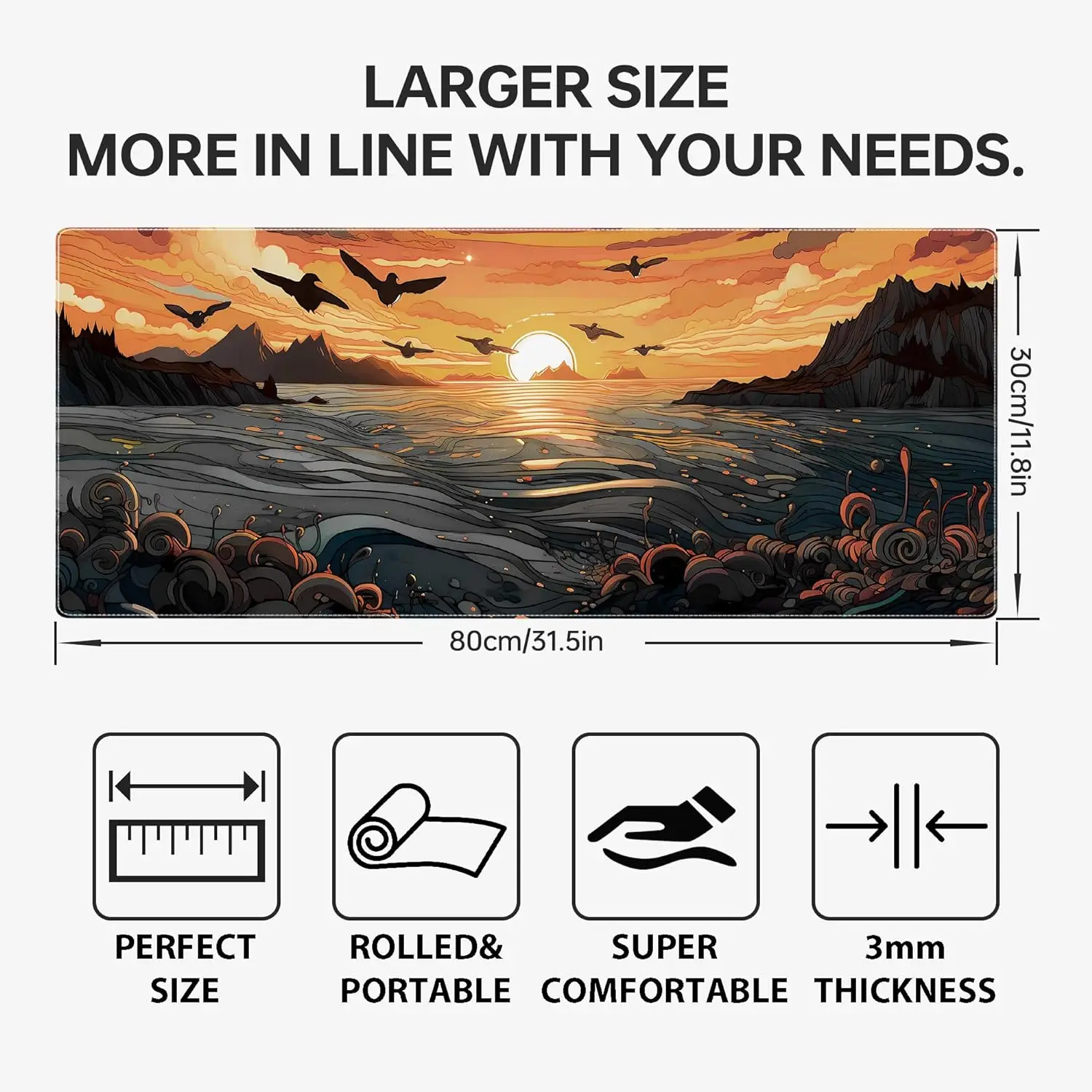 Japanese Sea Waves Large Gaming Mouse Pad 31.5 x 11.8 inch Mouse Pads for Office XL Mousepad with Non-Slip Base Stitched Edge