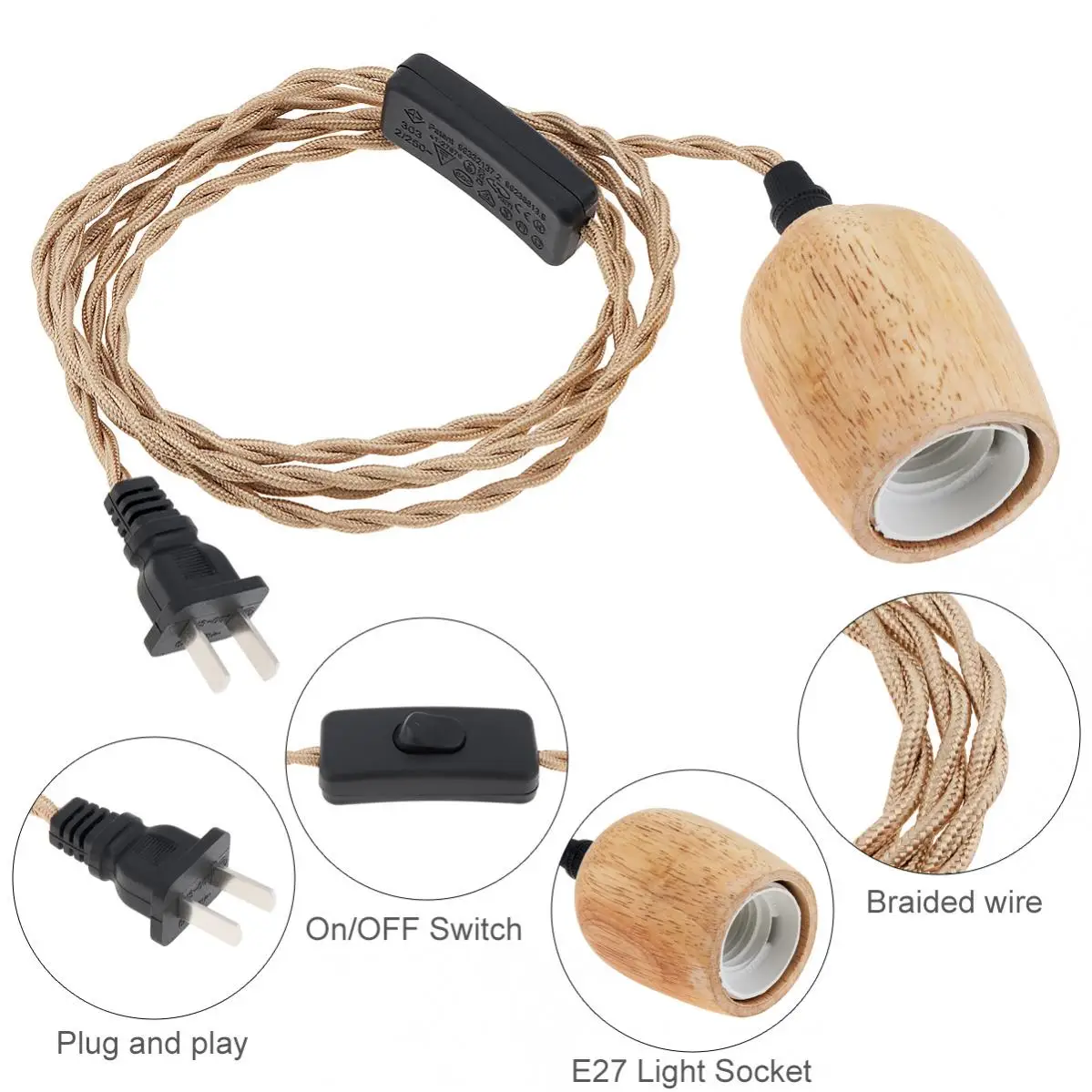 E26/E27 Wood Pendant Light Kit Covered Ceramic Light Socket with Switch Wire for Home Kitchen Creative Retro Decoration Pendant