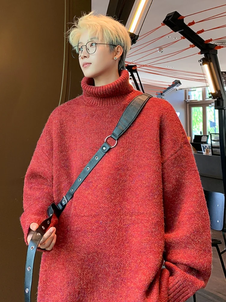 

Red High Collar Knitwear Men's Winter Lazy Sle Loose Casual Inner Wear Base irt Soft Comfortable Flexible Long Sve