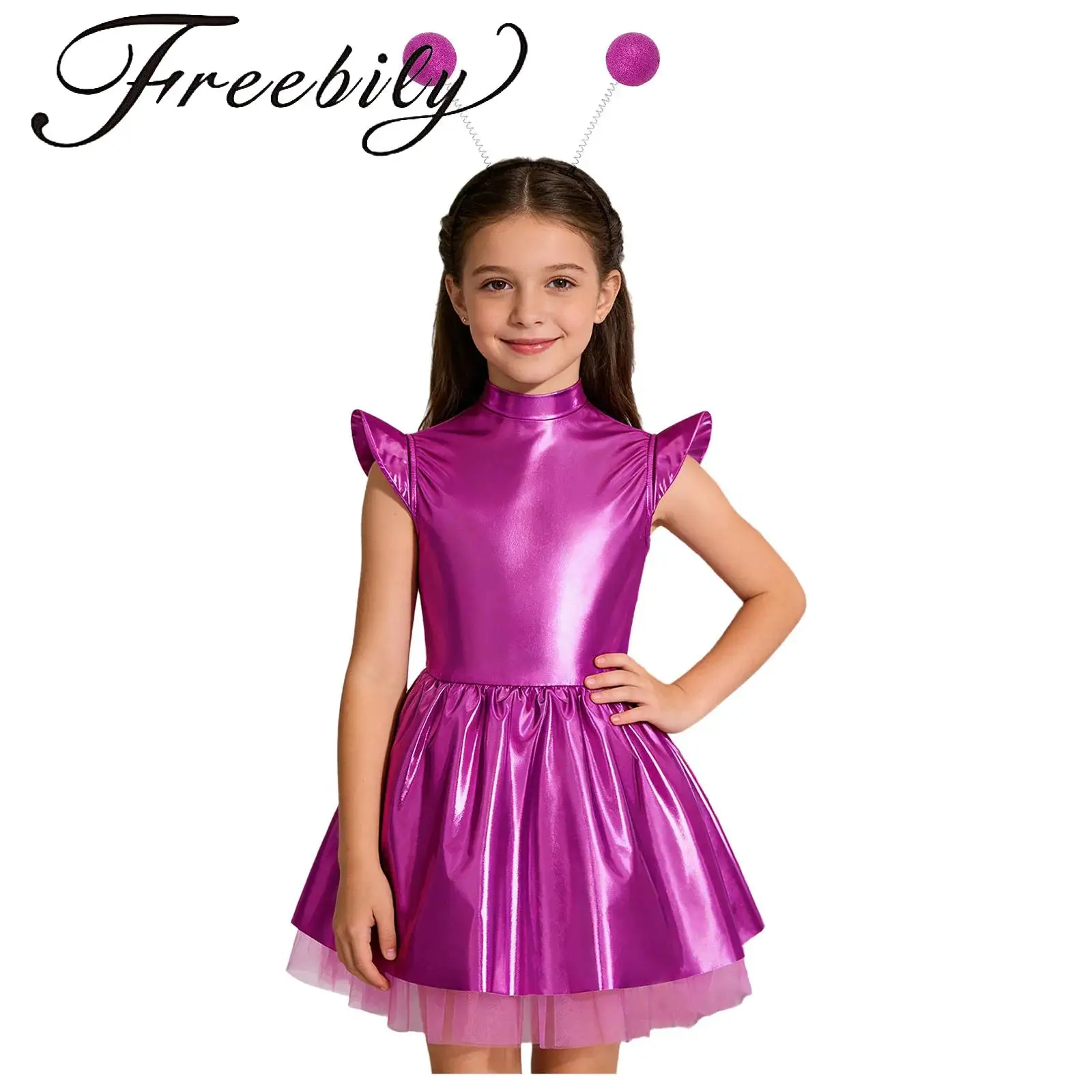 Kids Girls Alien Iridescent Glossy Flying Sleeve Invisible Zipper Ruffled Tutu Dress with Hair Hoop for Theme Party Performance