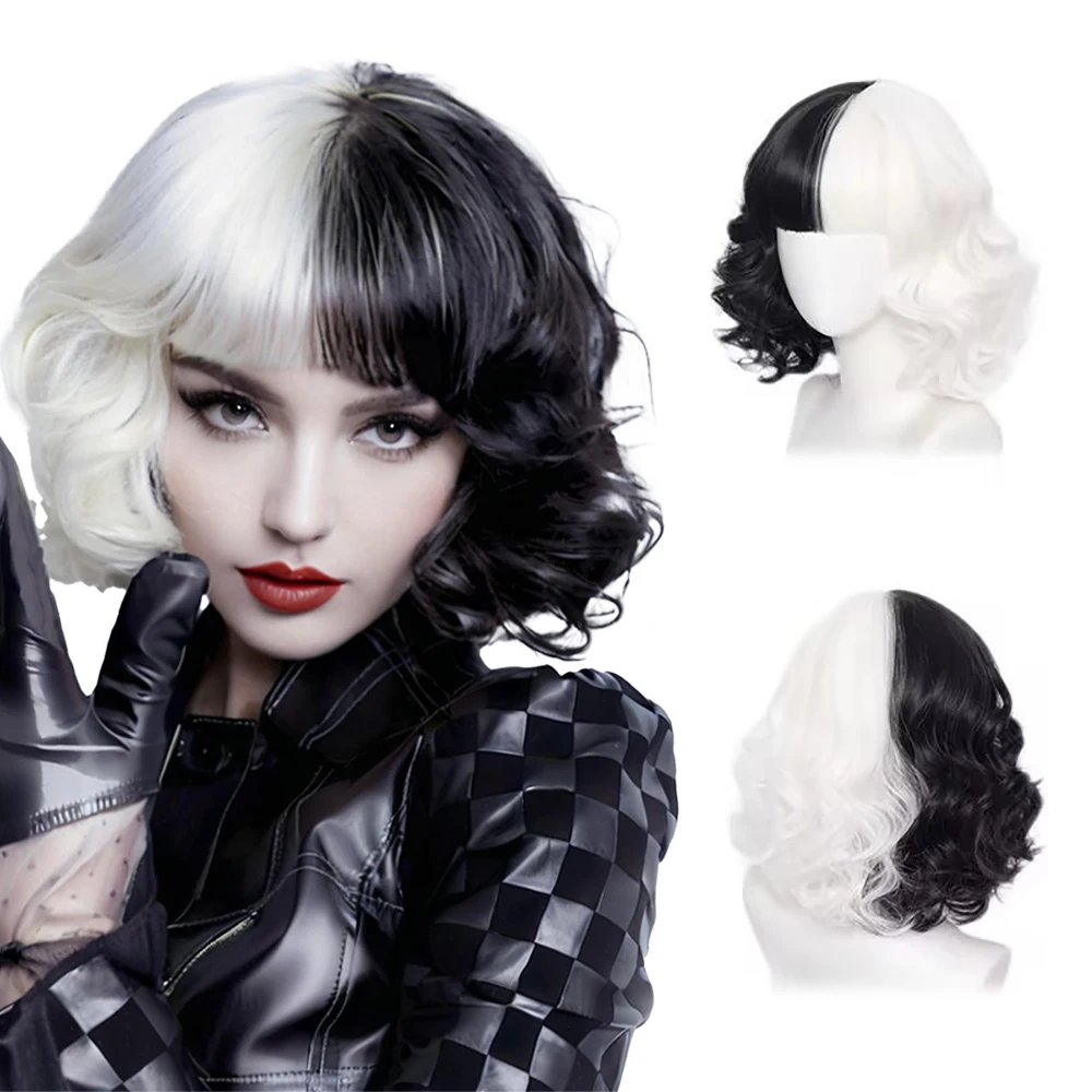 

Half-Black And Half-White Cruella Cosplay Synthetic Hair 12-Inch Short Curly Hair Halloween Daily Party With Bangs Wig