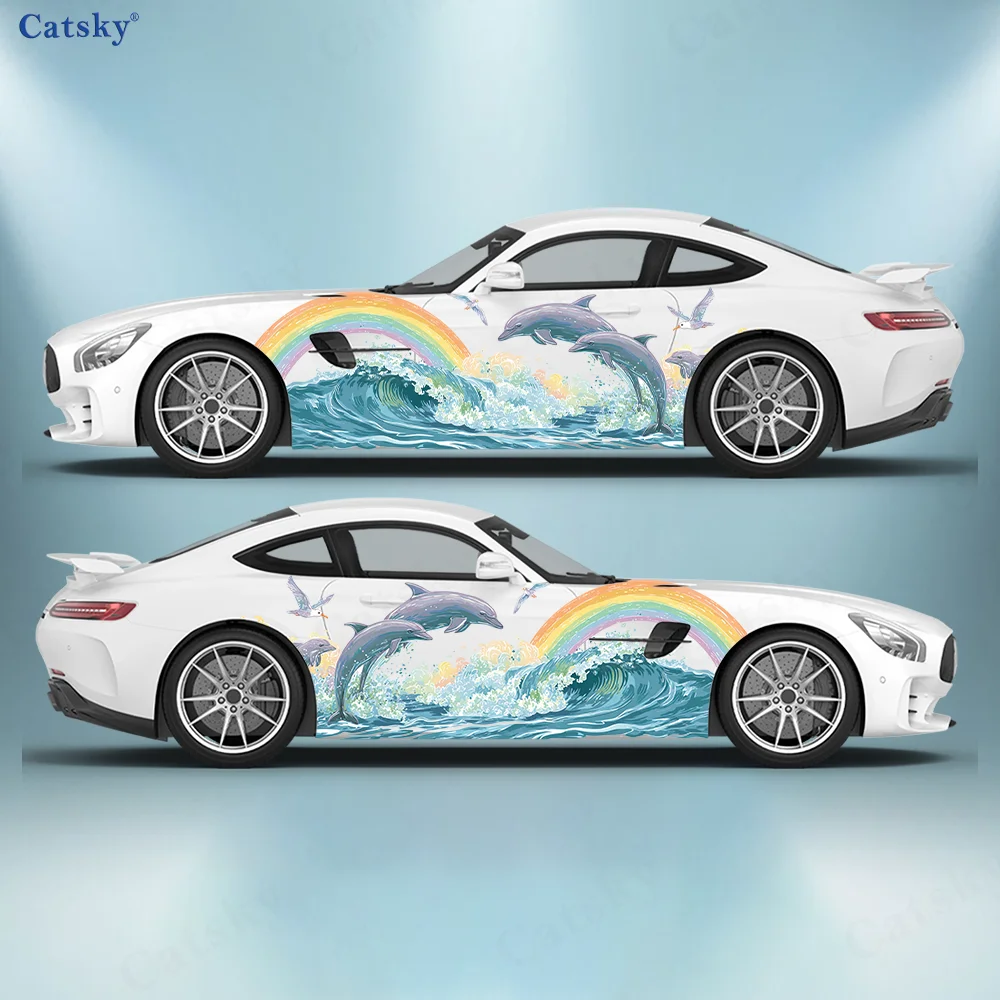 

Sea Dolphins and Seagulls Rainbow Car Vinyl Wraps Decal Self-adhesive PVC Sticker Suitable for Trucks SUV Decor Auto Accessories
