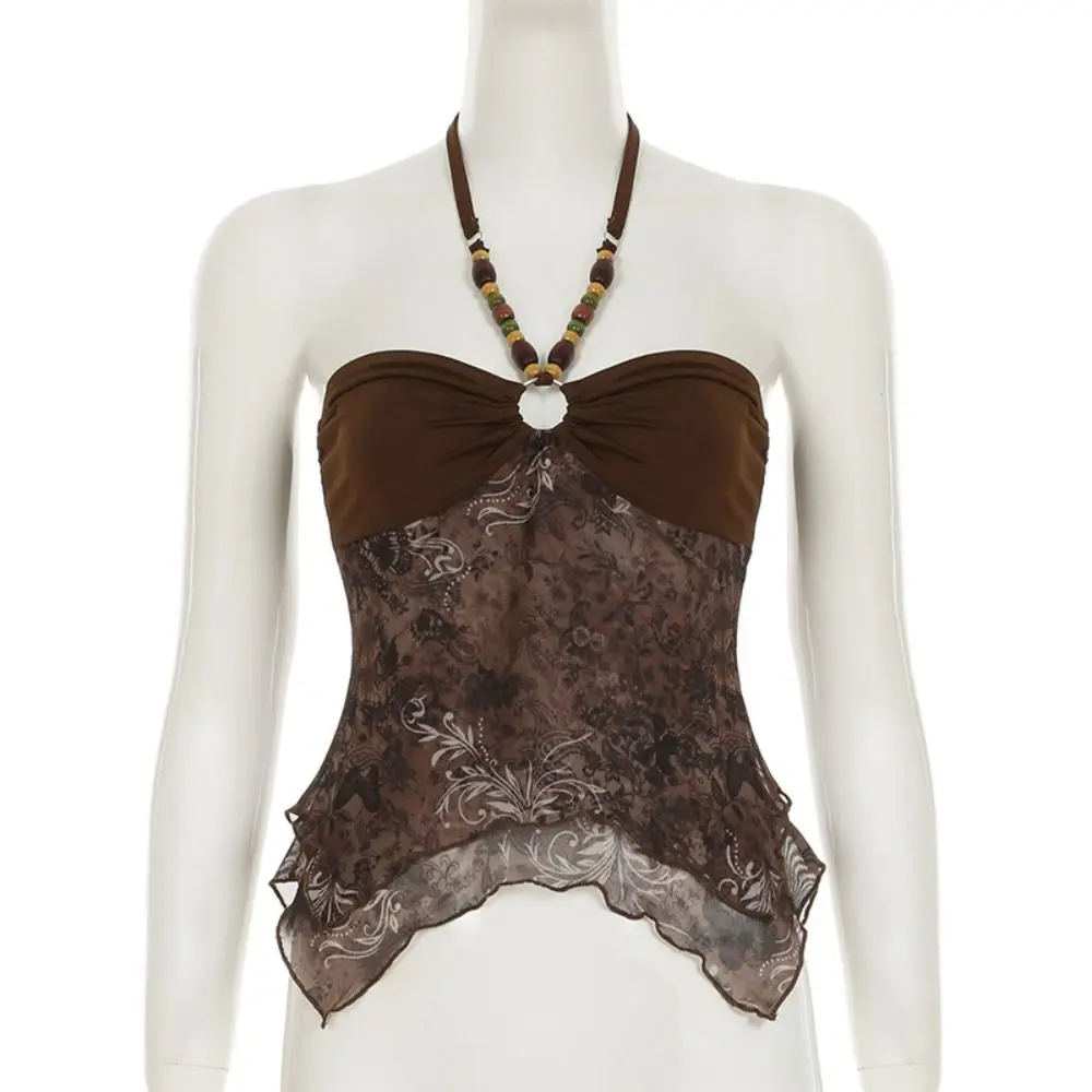 

Retro Backless Mesh Halter Camisole Sleeveless Irregular Beads Hanging Vest Women Outfits Streetwear Slim Crop Top Beach