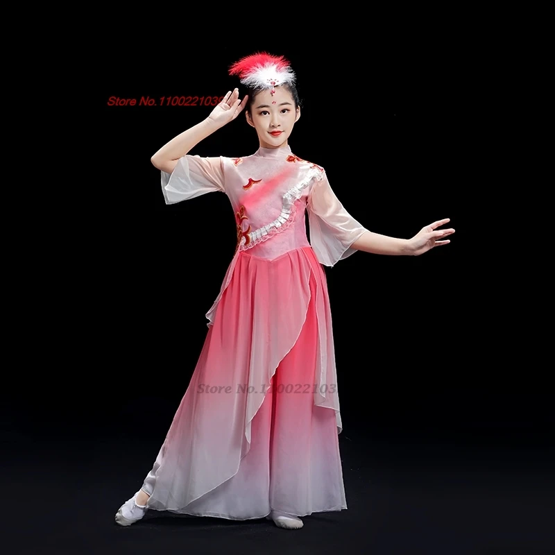 2025 chinese vintage children folk dance costume gradient color chiffon hanfu tops+pants set traditional stage performance dress
