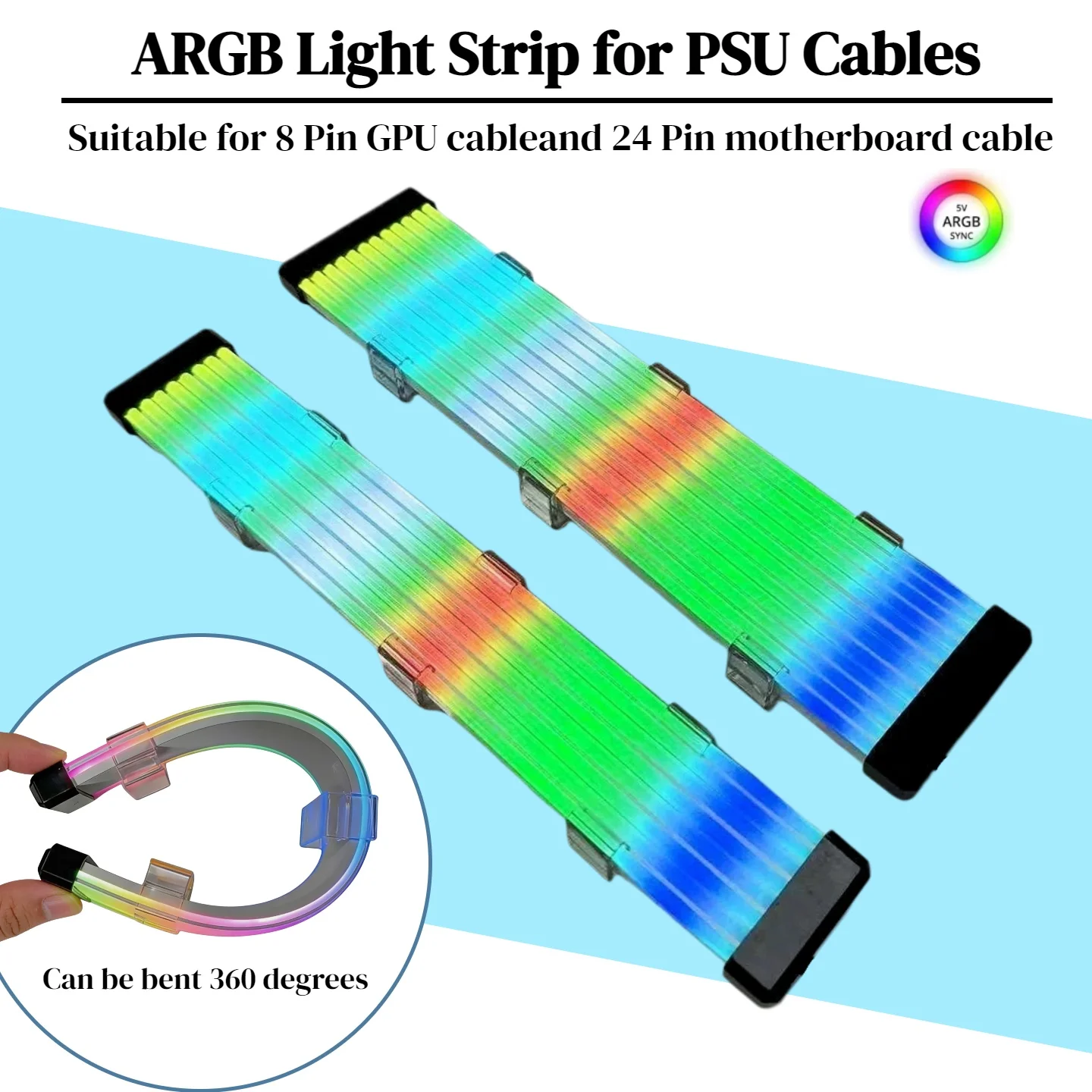 360 °   Biegbarer ARGB LED-Lichtstreifen für 8-Pin-GPU & 24-Pin-Mainboard-Netzteilkabel, PC-Gehäuse-Modding RGB-Beleuchtungszubehör