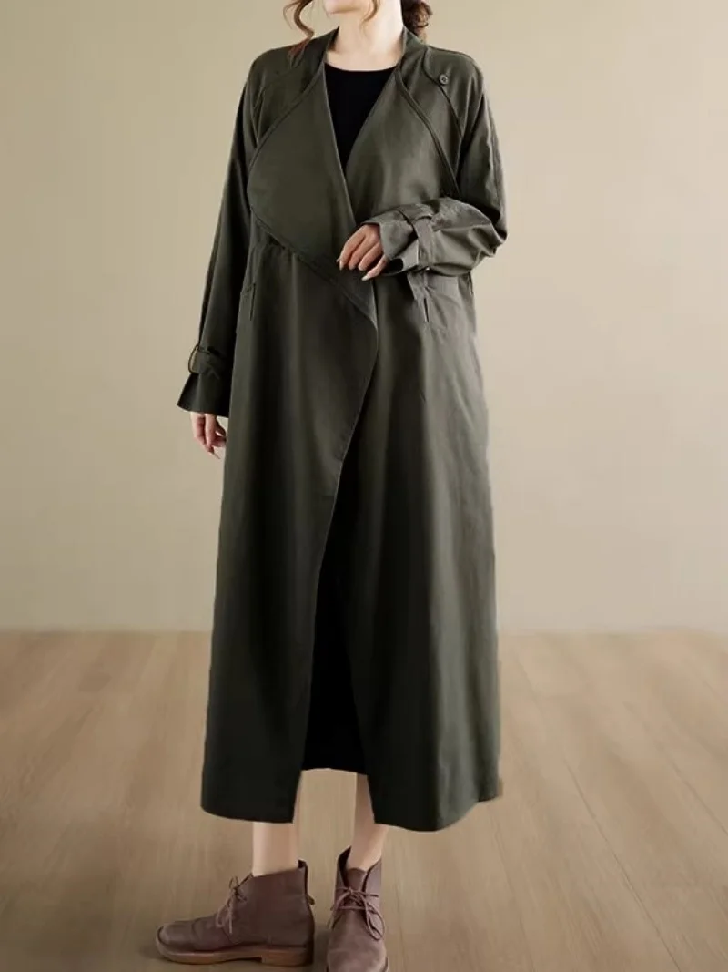Trendy 2026 Spring Autumn Women Trench Coat Big Collar Loose Fitting Korean Style Outfit Long Windbreaker W859