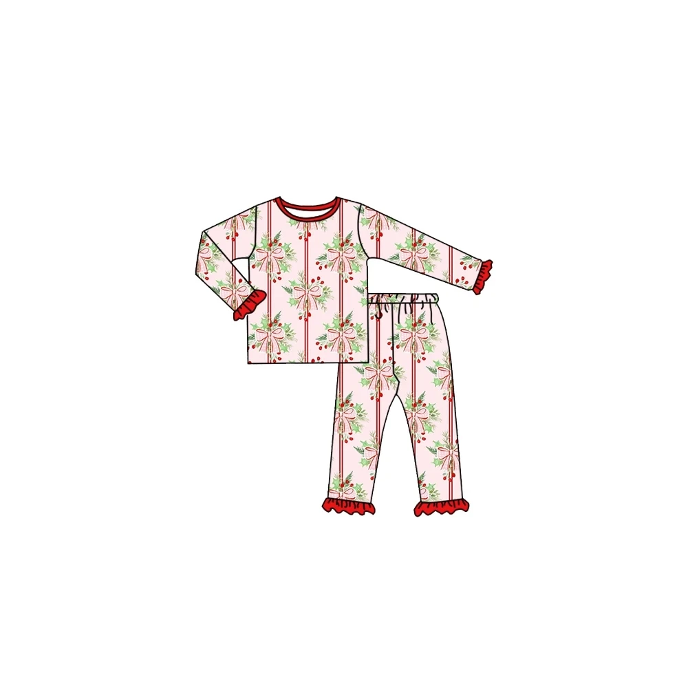 Girls Boutique Pajamas Clothes Red Ruffle Cuffs Fall Sleepwear Set Milk Silk Baby Long Sleeves Bows Print Set