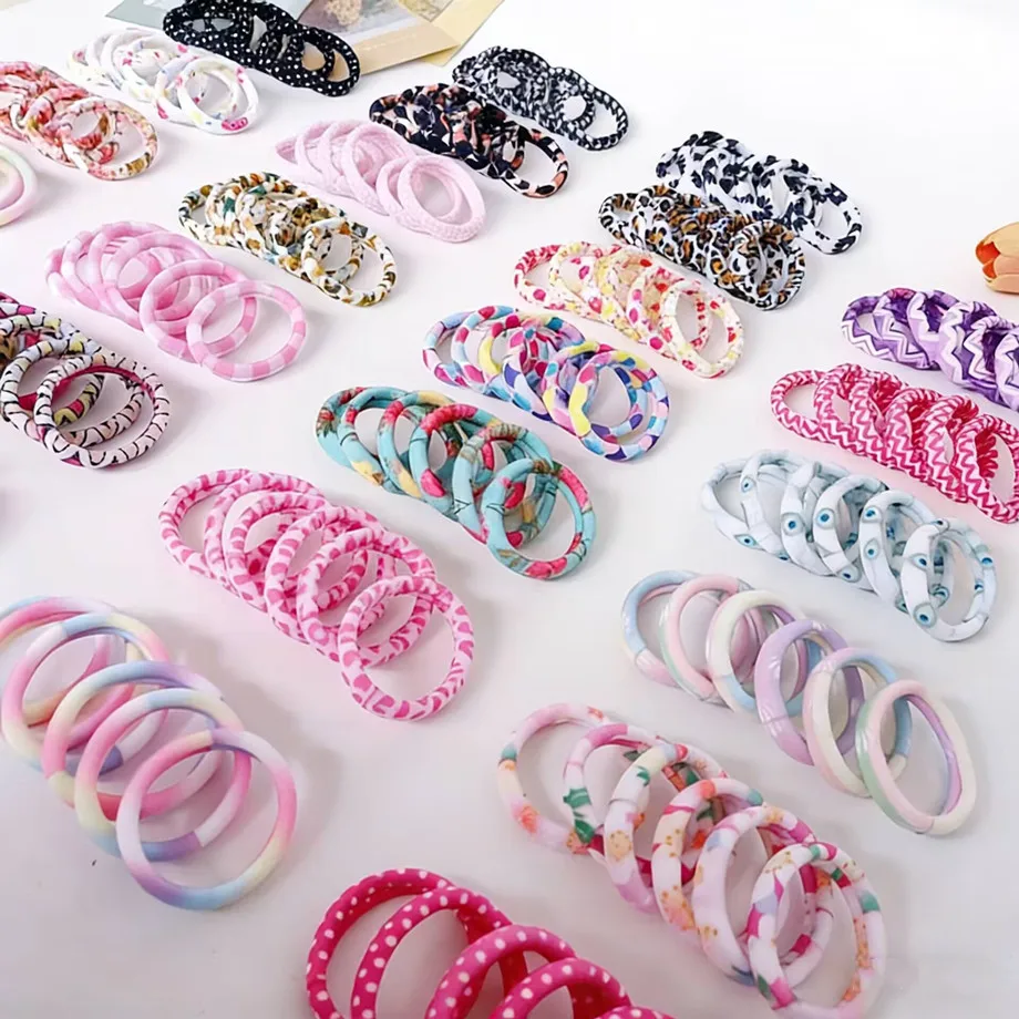 6 Pcs Cute Printed Scrunchies Children Girls Elastic Hair Rubber Bands Accessories Tie Hair Rope Ring Headdress Ponytail Holder