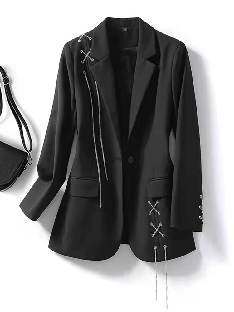 Women Black Chain Buckle Big Size Blazer New Lapel Long Sleeve Loose Fit Jacket Fashion Spring Autumn