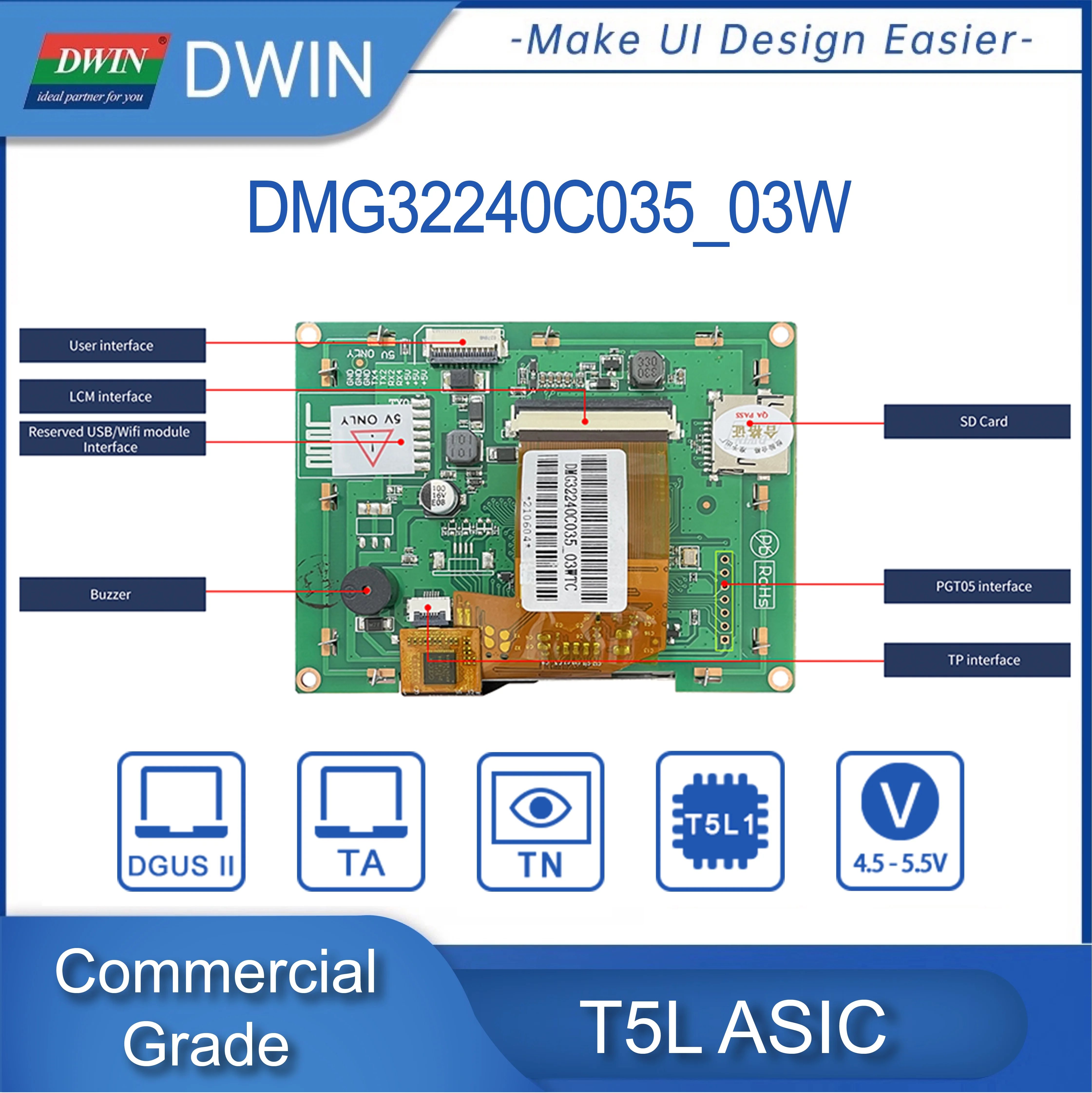 DWIN 3.5 Inch TFT TN/IPS LCD Module Commercial HMI Screen Touch Display TTL 320*480/320*240 DMG32240C035_03W/ DMG48320C035_03W