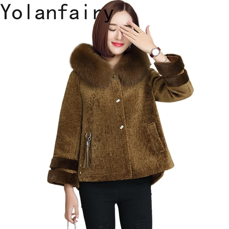 

YOLANFAIRY 100% Wool Coats for Women 2025 Winter Casual Hooded Sheep Shearing Jacket Woman Fox Fur Collar Warm Woolen Jackets