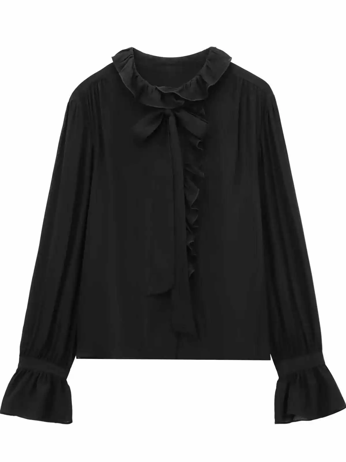 신상 여성 출퇴근 스타일 긴팔 블랙 셔츠 스탠드 칼라 디자인 레이스 트림 벨트 레귤러 핏 단색 77059069