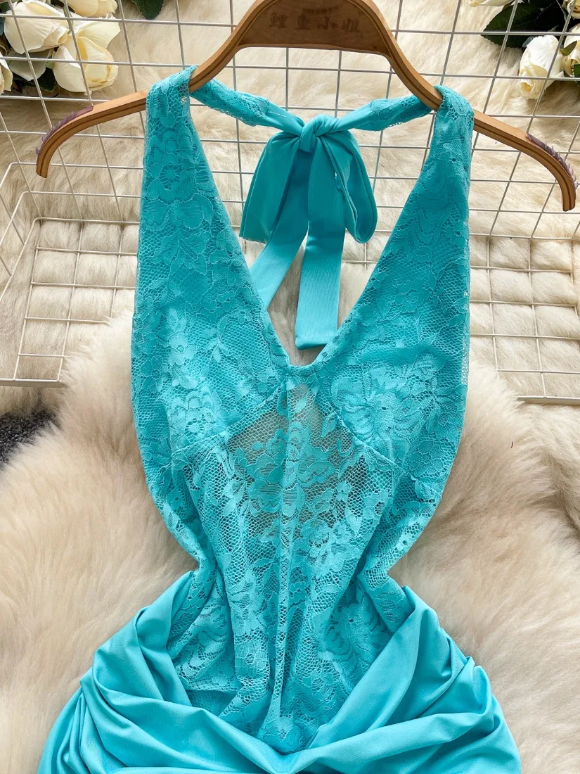 Foamlina Sexy Hollow Out Floral Lace Patchwork Dress Women Fashion Summer Lace-up Halter Sleeveless Backless Mini Bodycon Dress