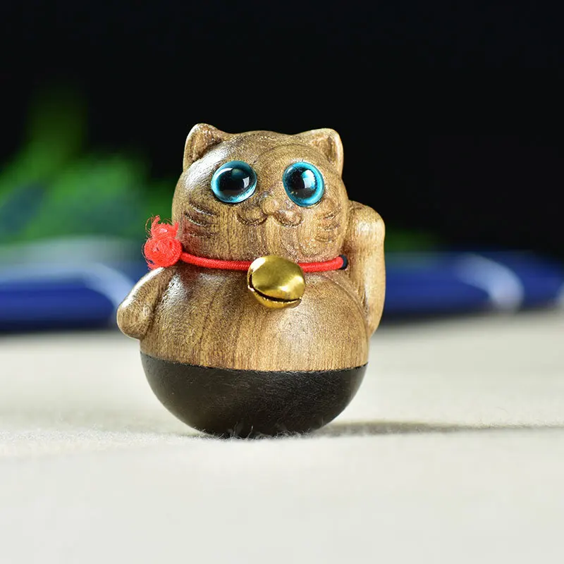 Wooden Cat Figurine Ornament – Cute Roly-Poly Wobbling Kitten Wooden Animal Statue Desk Decoration Home Office Gift