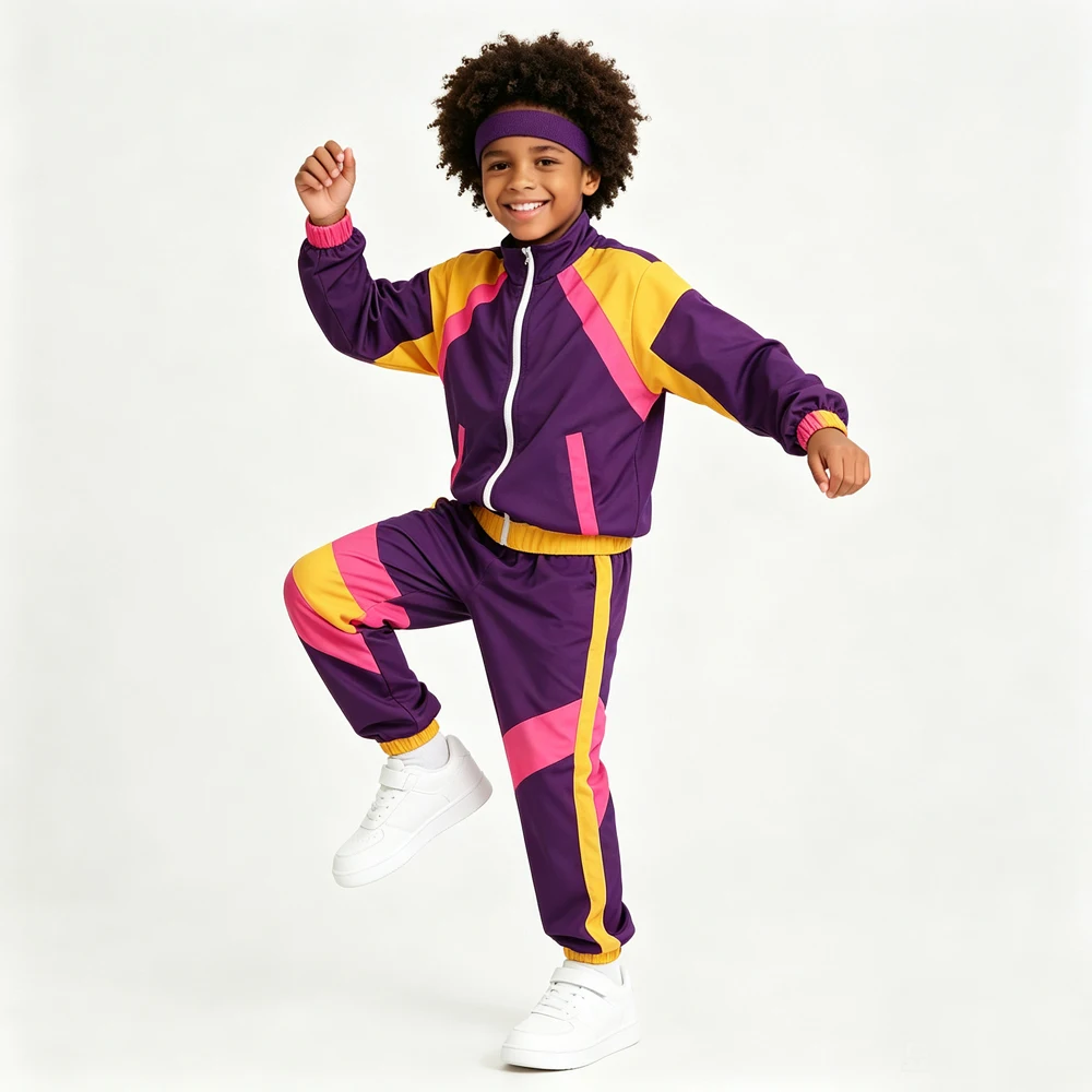 Kids 80s Retro Disco Tracksuit Autumn Boys Girls Colorblock Casual Jacket Pants Set for Halloween Theme Party Festival Costume