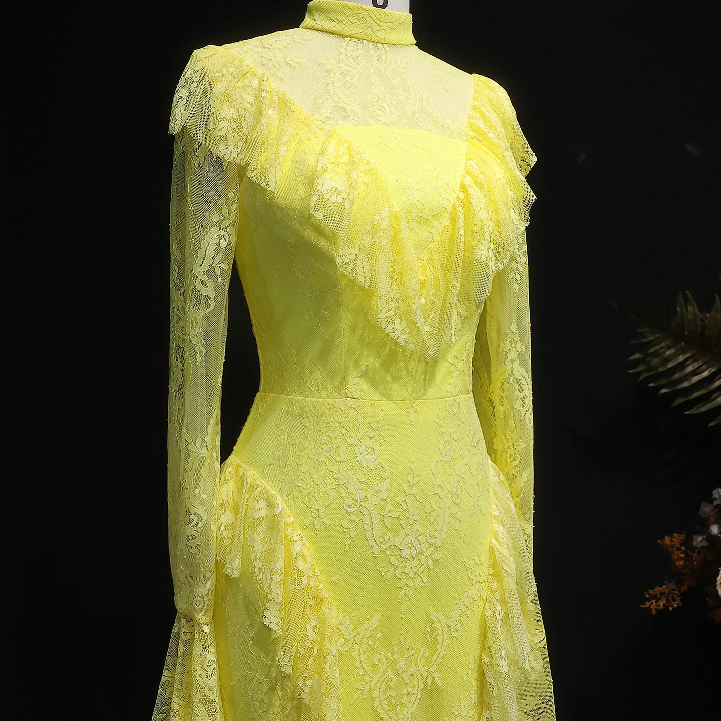شارون سعيد أنيقة طويلة الأكمام حورية البحر مساء اللباس الأصفر الدانتيل الكشكشة النساء رداء حفلات الزفاف SF063 مخصص