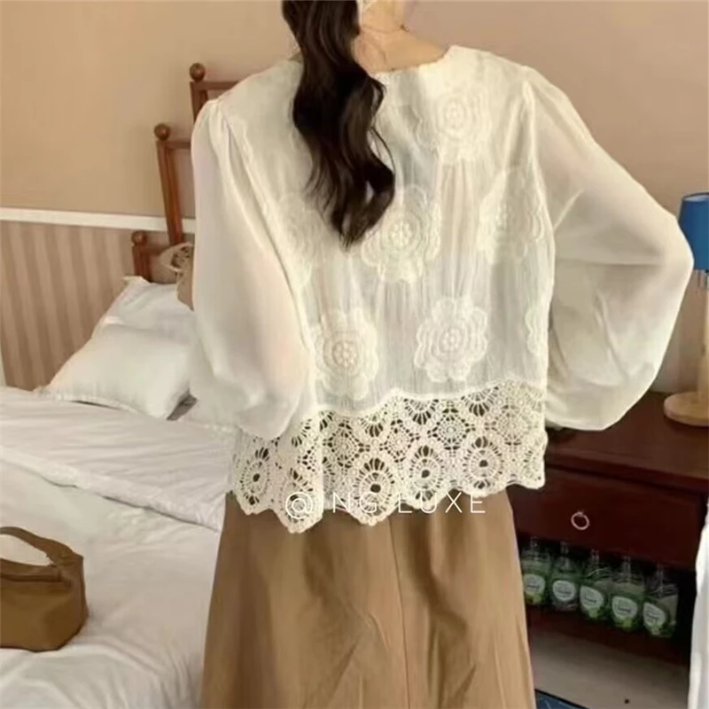 REALEFT 2024 New Lace Crochet Women\'s Blouses Spring Summer Korean V-Neck Long Sleeve Single Breated Short Shirts Female