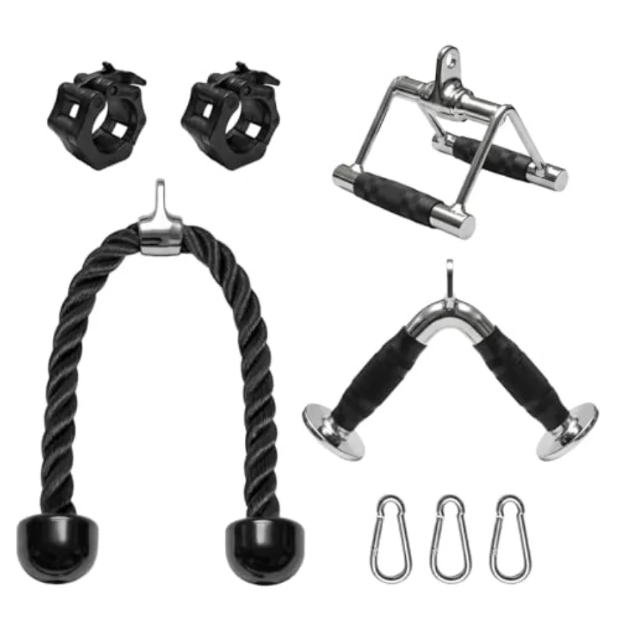 

Heavy-Duty Cable hine Attachments, LAT Pulldown Kit with V-Bar, Tricep Rope, Double D Handle, Barbell Collar, 360° Swivel Hooks