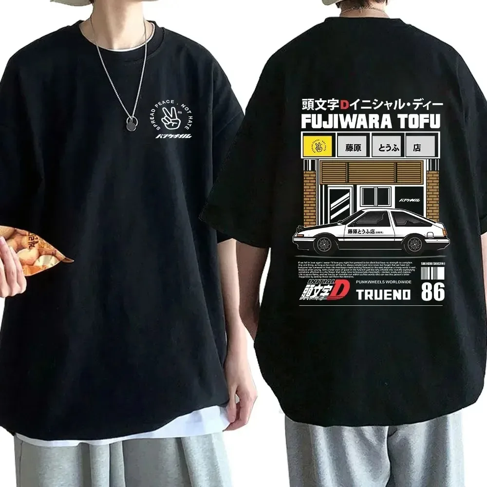 Anime Drift Initial D Double Sided T Shirt O-Neck Short Sleeves Summer Casual Unisex R34 Skyline GTR JDM Manga T-Shirts