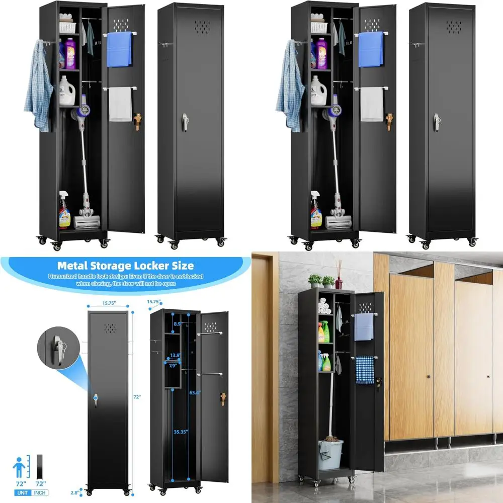 

Металлический шкаф для хранения в гараже на колесах, с запирающейся дверцей, перфорированной панелью и крючками для метел и швабр, черный