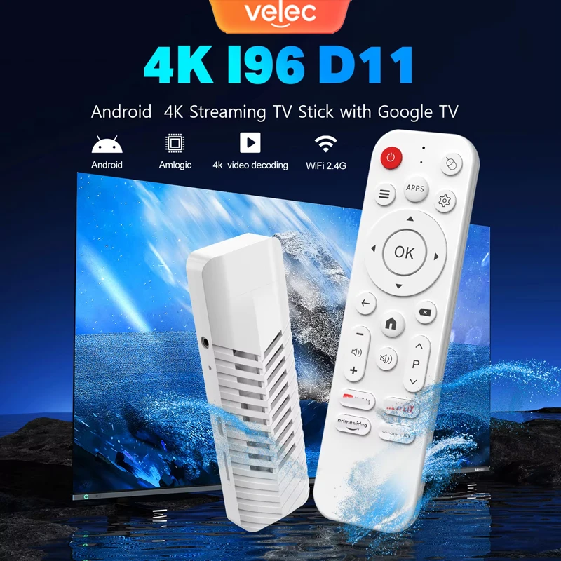 Velec TV Stick Android 14 Amlogic Quad-Core Cortex-A53 جهاز تحكم عن بعد بالأشعة تحت الحمراء WiFi 2.4G يدعم بث 4K مع تلفزيون Google
