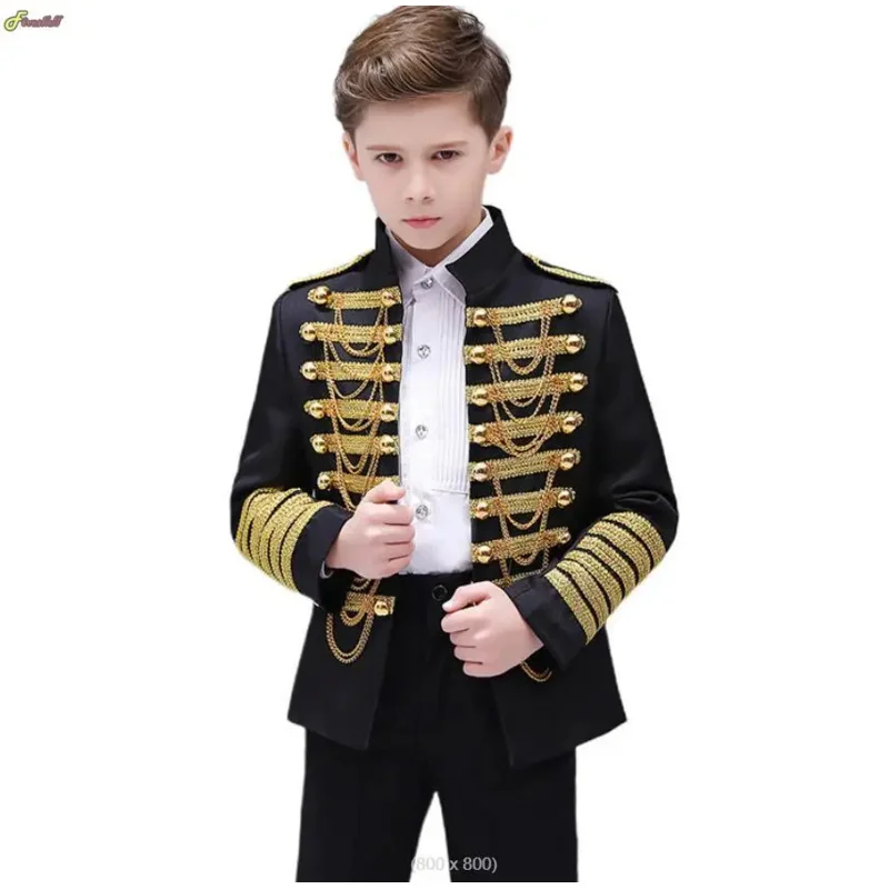 Medieval Steampunk Prince Blazer Costume Military Tassel Chains Cosplay Jacket Shoulder Pad Coat Pop Stage Dacing Tops for Kids