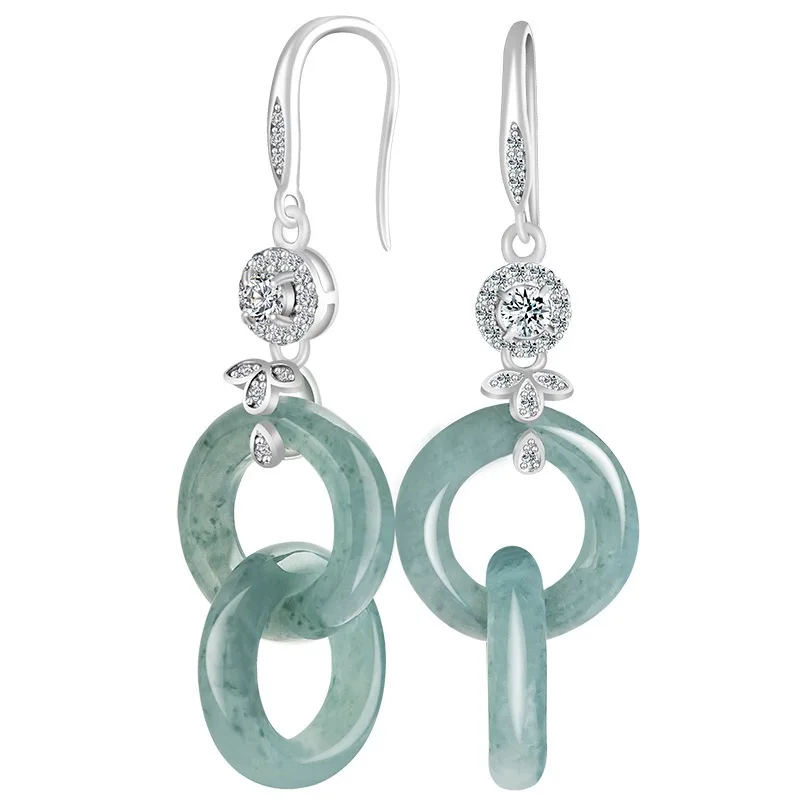 

Real Solid 925 Sterling Silver Natural Grade A Jade Jadeite Lucky Double Circle Earrings