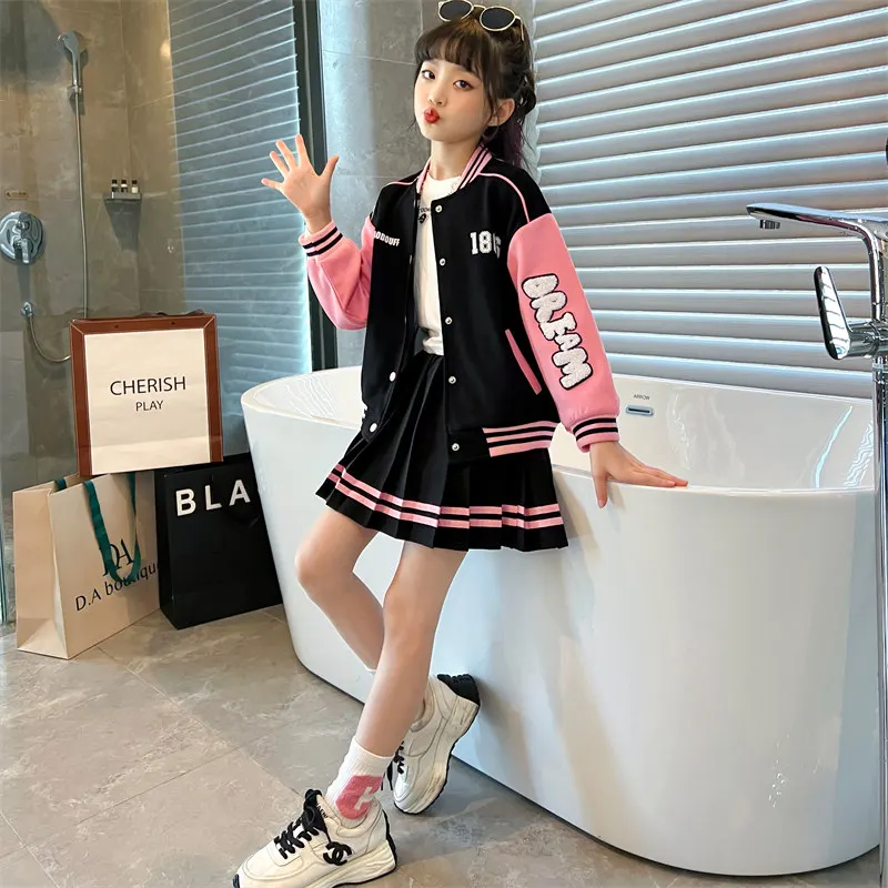 Teen Girls Spring Baseball Uniform Suit Autumn Fashion Letter Print Patchwork Jacket Coat + Pleated Skirt 2pcs JK Outfits 4-14Y