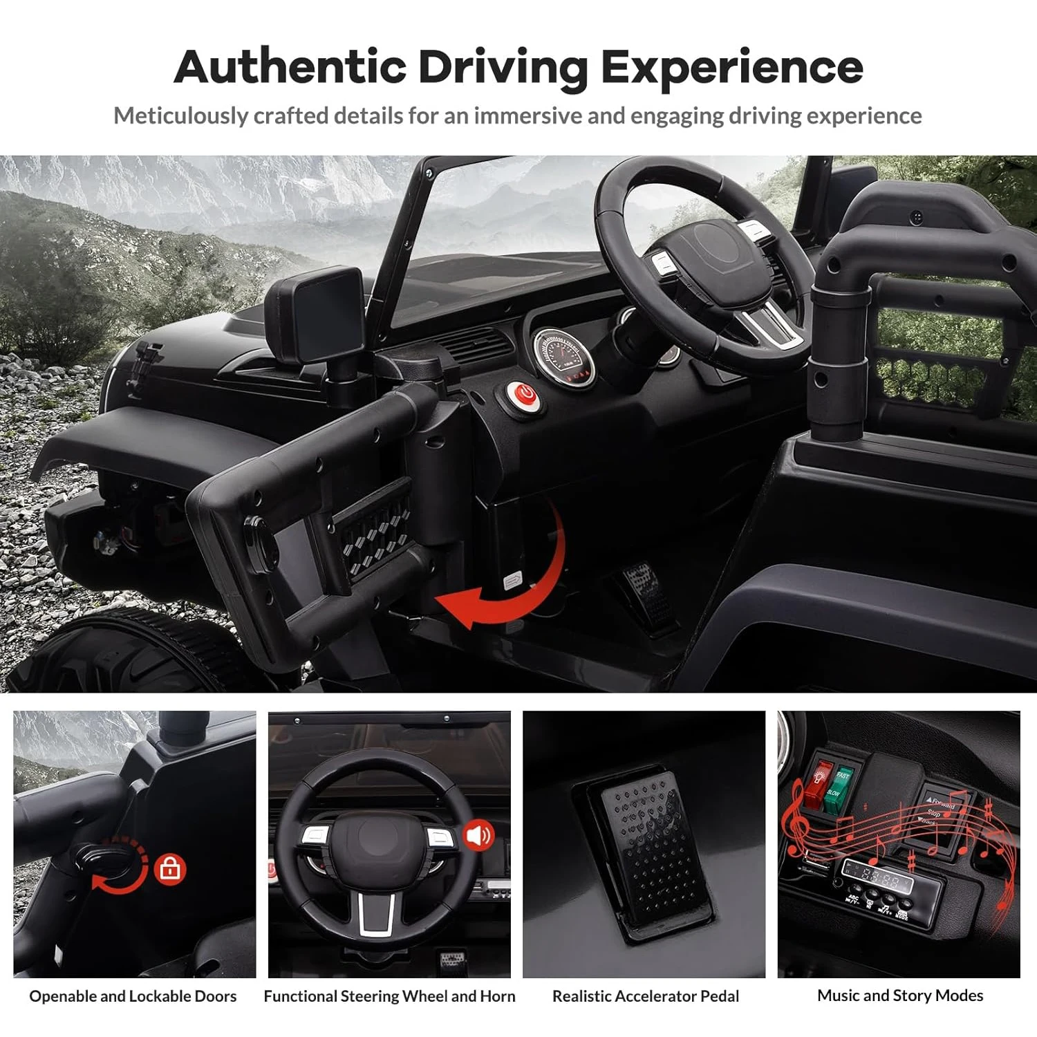 24V 2人乗り子供用電動自動車、最高速度5.5マイル/時、リモコン、アクセルペダル、トレッドタイヤ付きの4輪乗用トラック