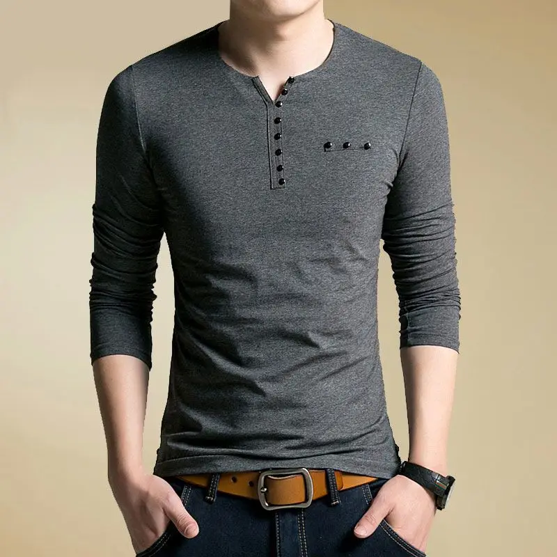 New 2026men's T-shirt Long-sleeved V-neck Collarless Slim-fit Korean Dark Gray Cotton Vneck Bottoming Shirt Youth Men's Clothing
