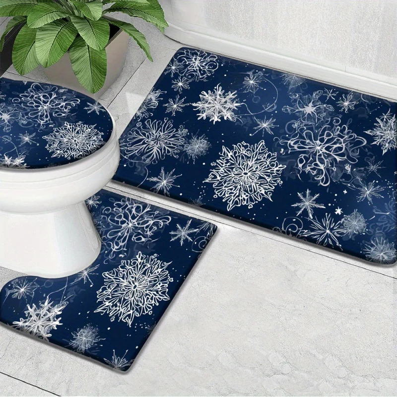 Christmas Snowflake Bathroom Rugs Set of 3, Machine Made Flannel Polyester Non-Slip Bath Mat, U-Shaped & Toilet Lid Cover, Washa