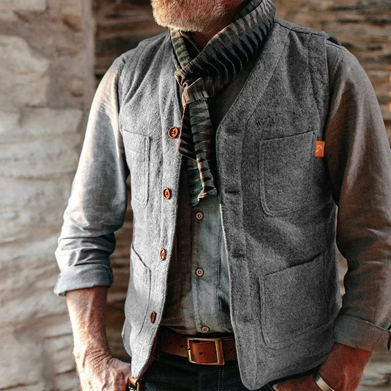 

Vintage Waistcoats Mens Sleeveless V Neck Single Breasted Vest Jacket for Men Spring Fashion Patchs Pockets Design Vest Coat Man