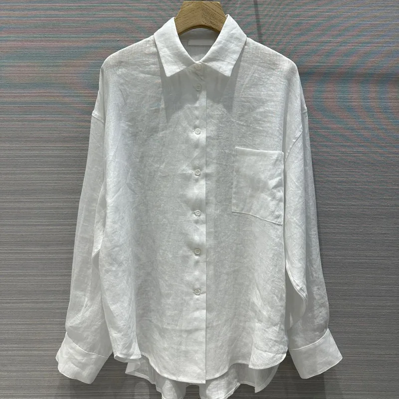 Women's Medium To Long Linen Shirt with A Lazy and Casual Simple and Irregular Lightweight and Breathable Sun Resistant Shirt