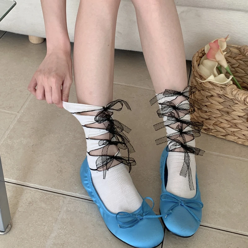 Sweet Girl Lace Strap Short Socks Summer Thin Bow Kawaii Ballet Student Socks Jk Lolita Skirt Cute Short Daily Mid Tube Socks