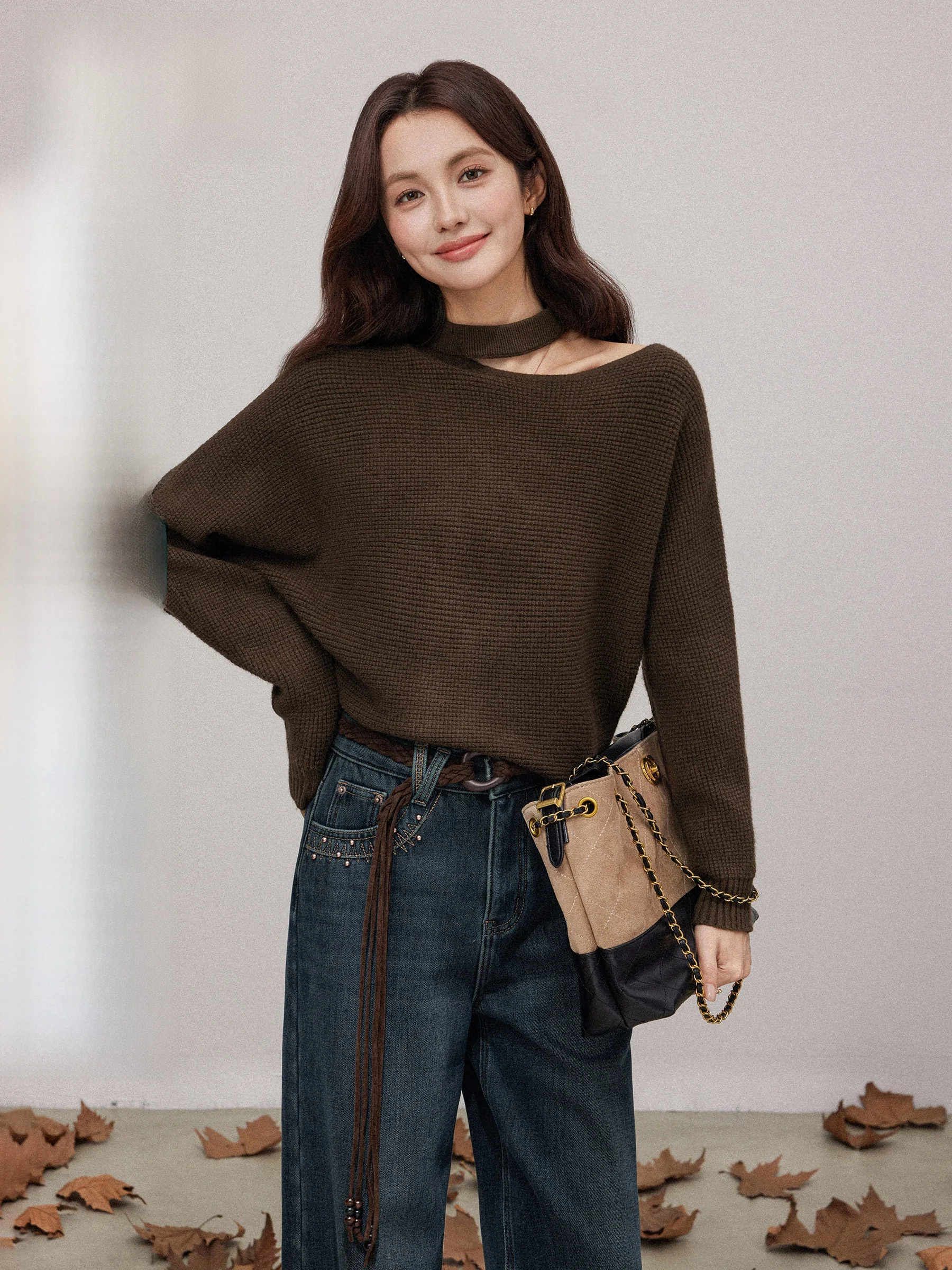 

Chang Dou Dou Camere Knitted Hollow out Neline Sweater Women's Autumn Winter Faionable Top Korean Sle Casual Loose Fit