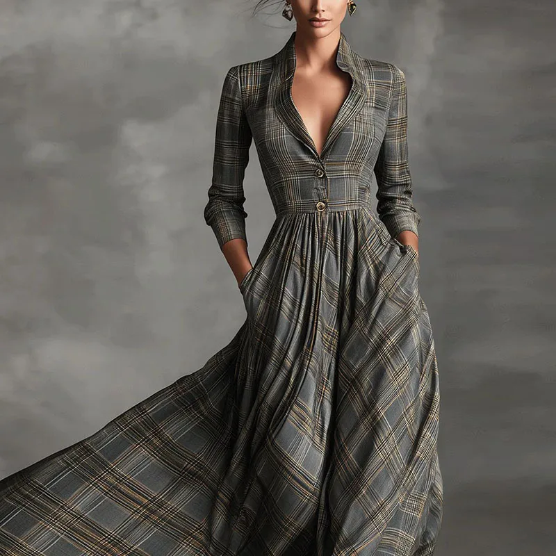 French Retro Plaid Print Swing Long Maxi Dress Woman Sexy Deep V Neck Button Shirt Dress Autumn Long Sleeve Pockets Boho Dresses