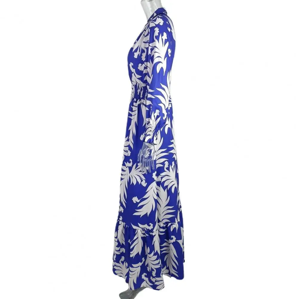 Leaf Print Dress High-waist Pleated Dress Stylish Women's V-neck Maxi Dresses with Pleated Elastic High Waist Ruffle for Any