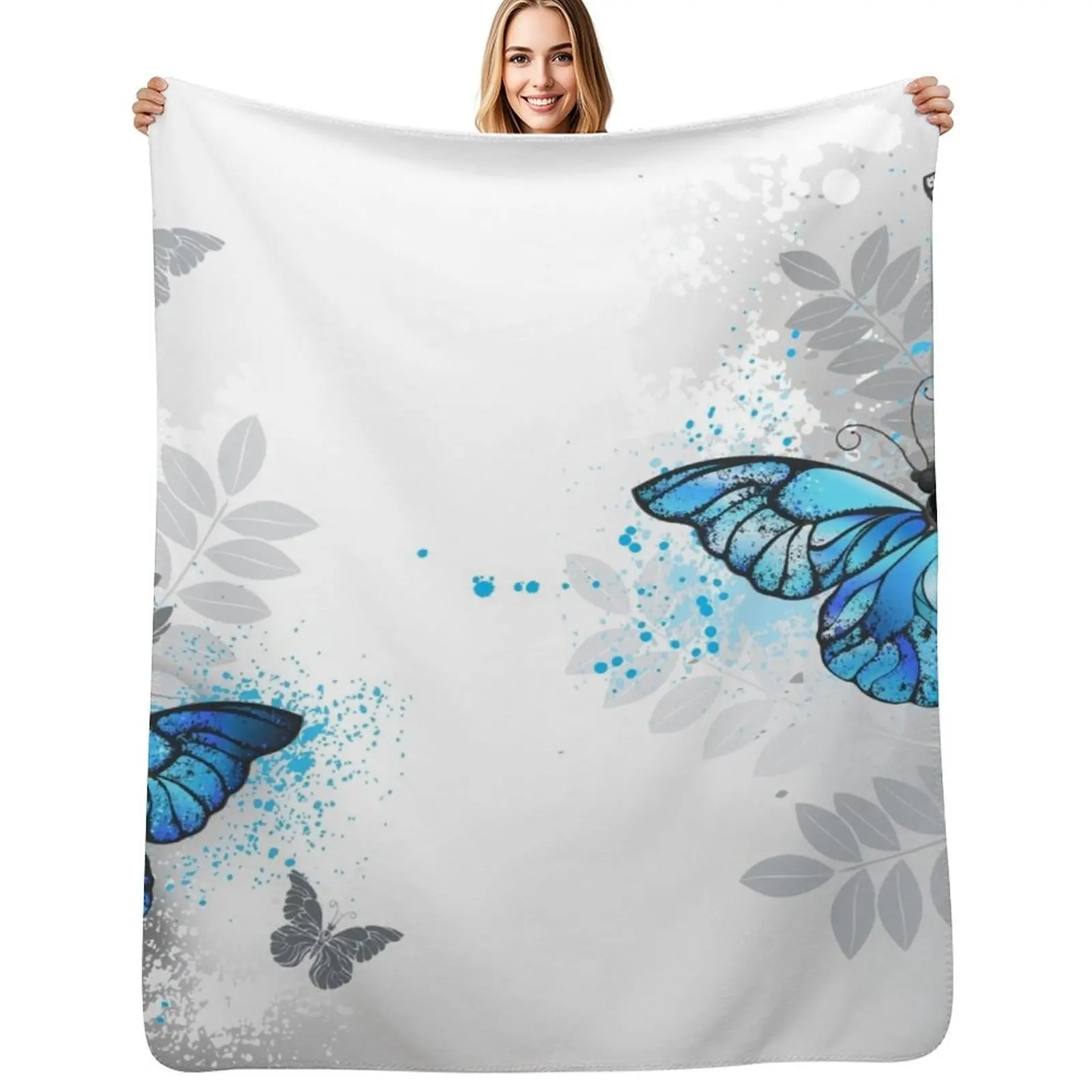 Blue Butterflies with Wild Plants Throw Blanket Reusable Durable Soft Blanket for All Seasons