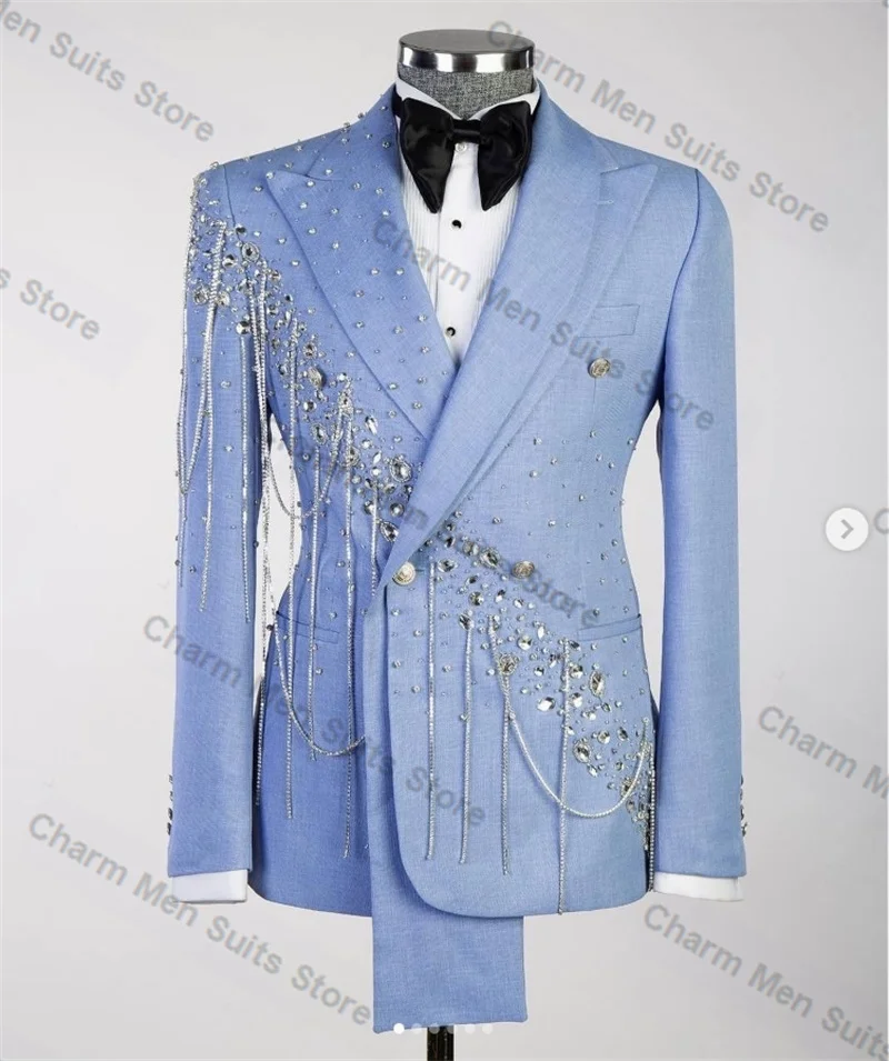 

Crystals Blue Men Suits Pants Set 2 Pcs Beading Blazer+Trouser Customized Groom Wedding Tuxedo Cotton Formal Office Prom Jacket