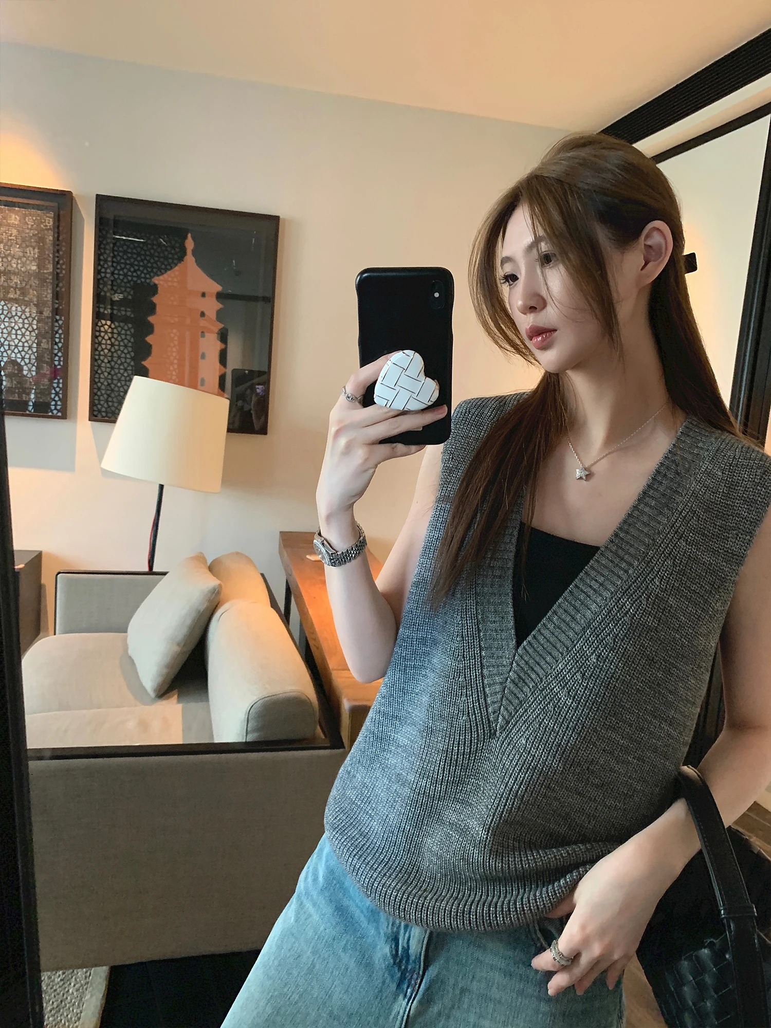 Loose Knitted Wool Vest Women Spring Autumn Large V-neck Layering Top Grey Sheep Shoulder Muffler Vest Commute Style Pure Color