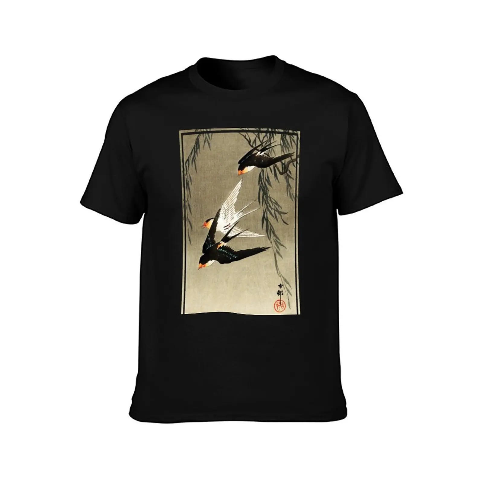 Three red-tailed swallows in dive by Ohara Koson T-Shirt Minimalist Casual Short Sleeve Top T-Shirt