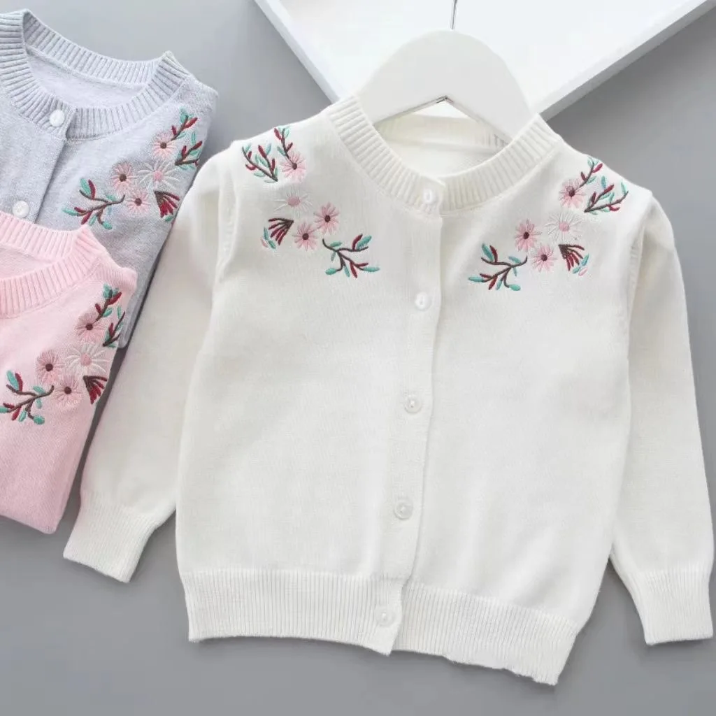 Girls Cardigan For Girls Baby Girls Sweater Lovely White Casual Clothes Autumn Children Embroider Pretty Coat For Kids 2-7 Year