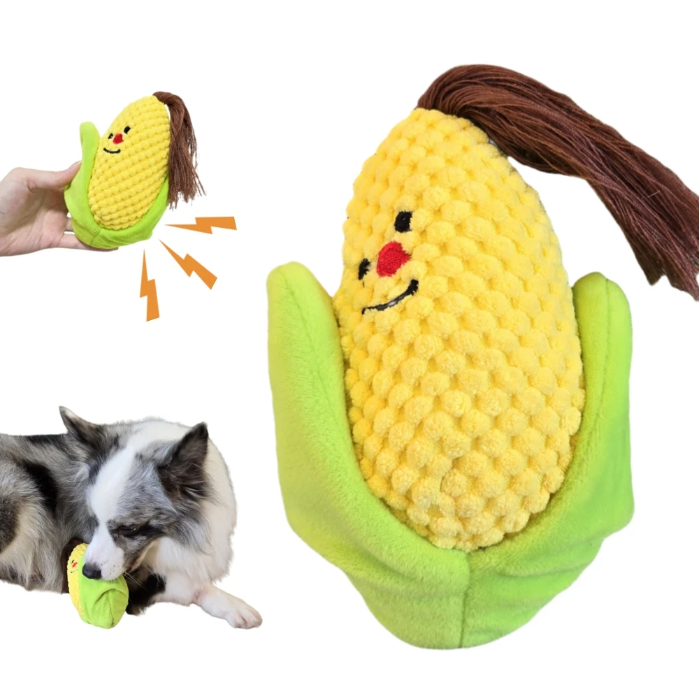 

Chew Stuffed Plush Dog Toy with Squeaker Corn Interactive Soft Sounding Hidden Food Pet Toy for Small Medium Large Dogs