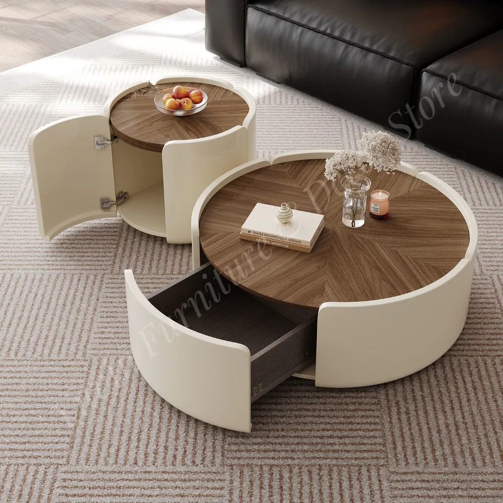 Italian-Style Modern Petal Coffee Table Set Living Room Tea Table Round-base Glass Coffee Table Wood-Grain Finish Home Furniture