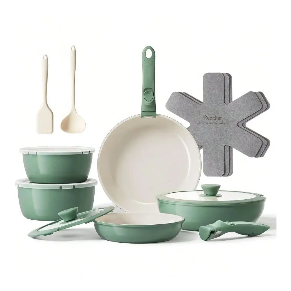 

17pcs Ceramic Pots And Pans Set Non Stick, Nonstick Kitchen Cookware Set With Detachable Handle, RV Ceramic Cookware Set Campin