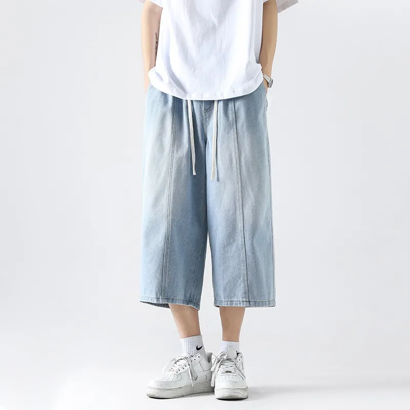 Men's Summer Splicing Sense Cropped Pants Jeans Retro Casual Shorts in Pants