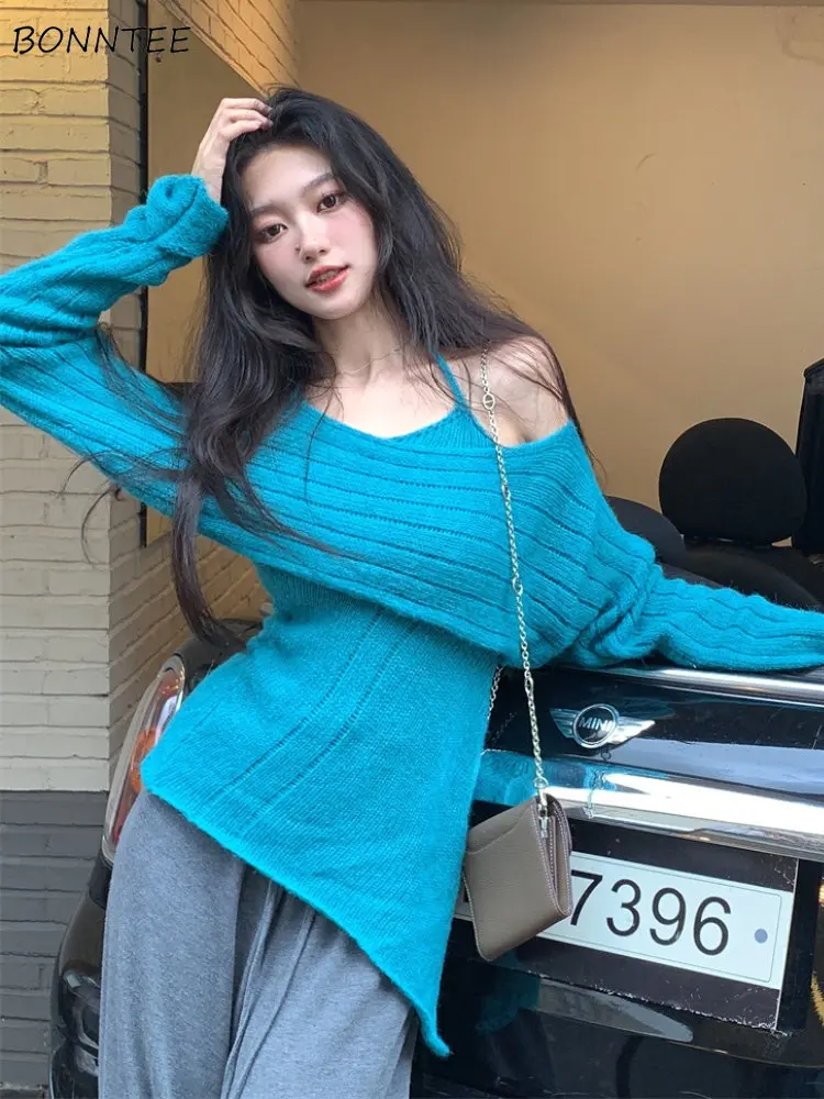 Women Sets Irregular Ins Knitwear Y2k Girl Slash Neck Autumn New Design Slim Fashion Korean Style Camis + Sweater Smock 2 Pieces